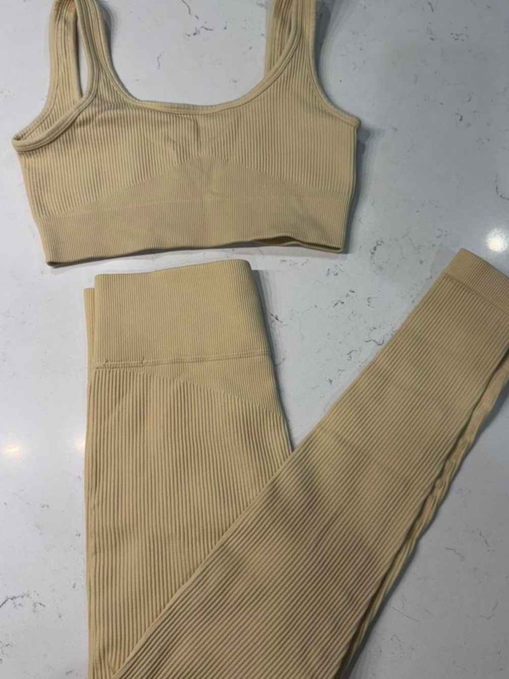 Seamless Ribbed High-Waist Leggings & Crop Tank Set - Cream